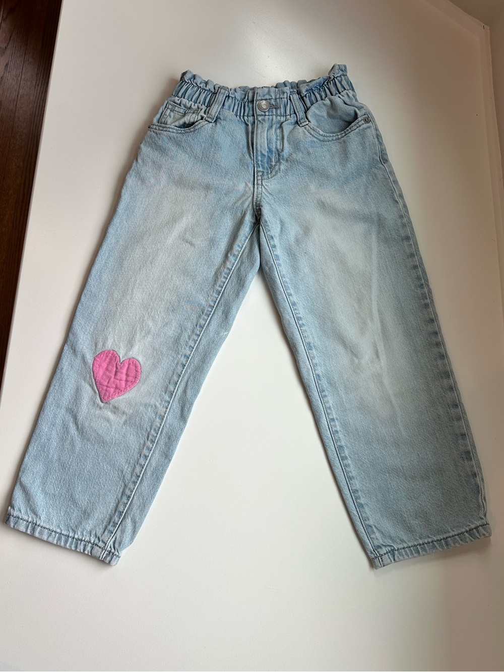 Cat & Jack Girls Paperbag Waist Jeans Light Denim Heart Patch Size 6
